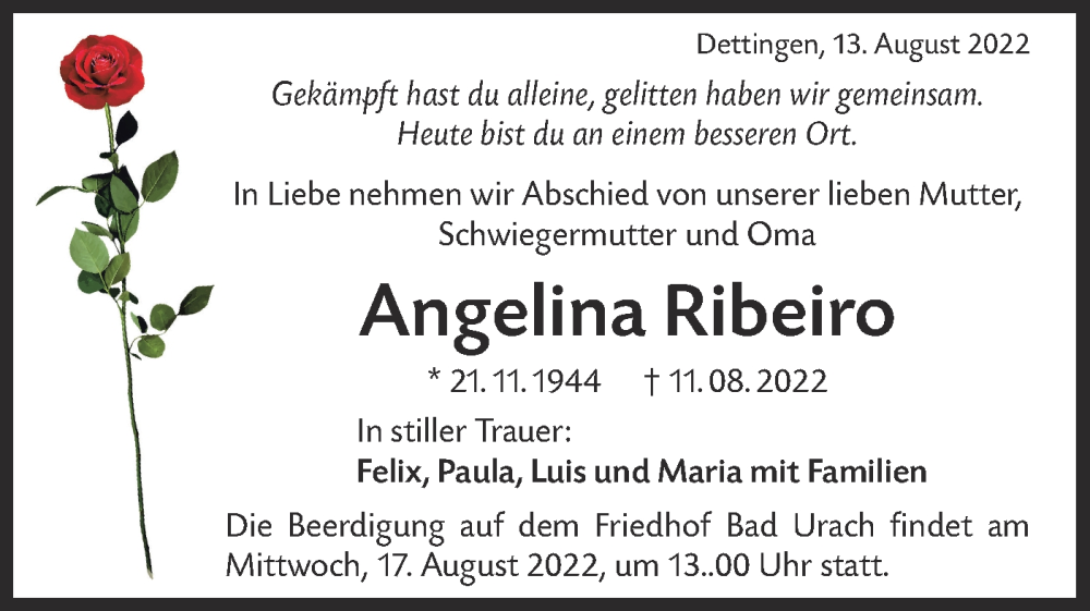  Traueranzeige für Angelina Ribeiro vom 13.08.2022 aus Metzinger-Uracher Volksblatt