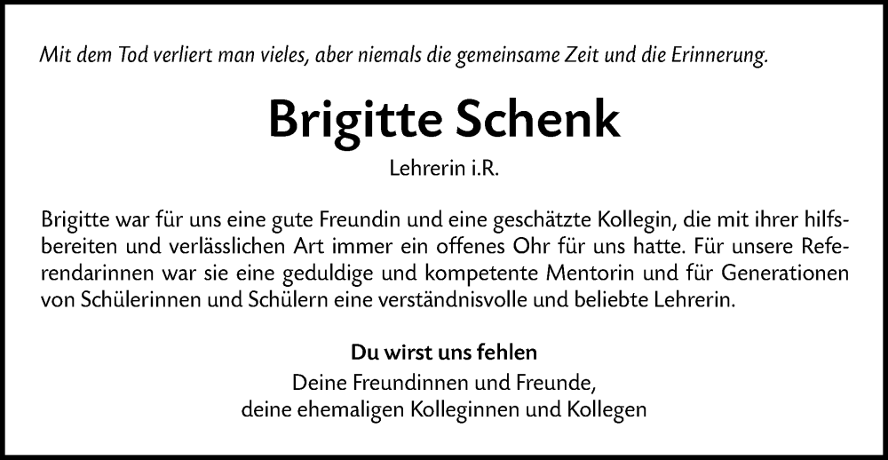  Traueranzeige für Brigitte Schenk vom 06.08.2022 aus Metzinger-Uracher Volksblatt