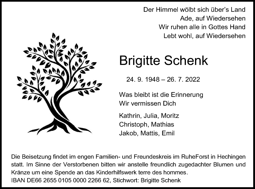  Traueranzeige für Brigitte Schenk vom 03.08.2022 aus Metzinger-Uracher Volksblatt