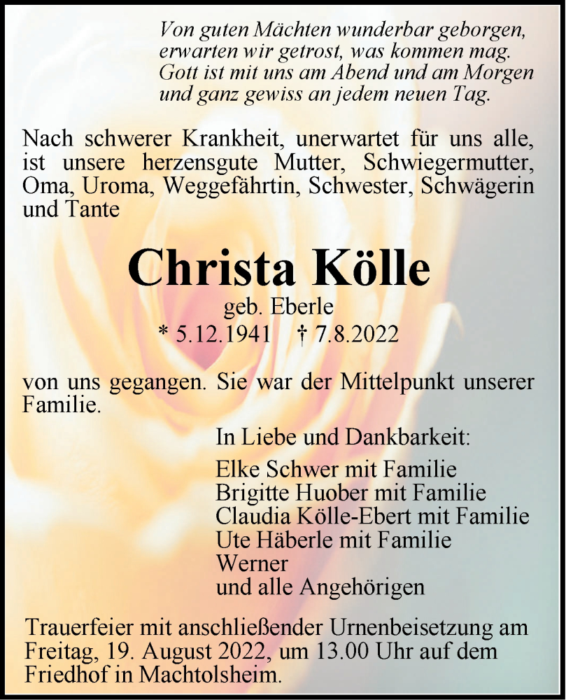  Traueranzeige für Christa Kölle vom 16.08.2022 aus SÜDWEST PRESSE Ausgabe Ulm/Neu-Ulm