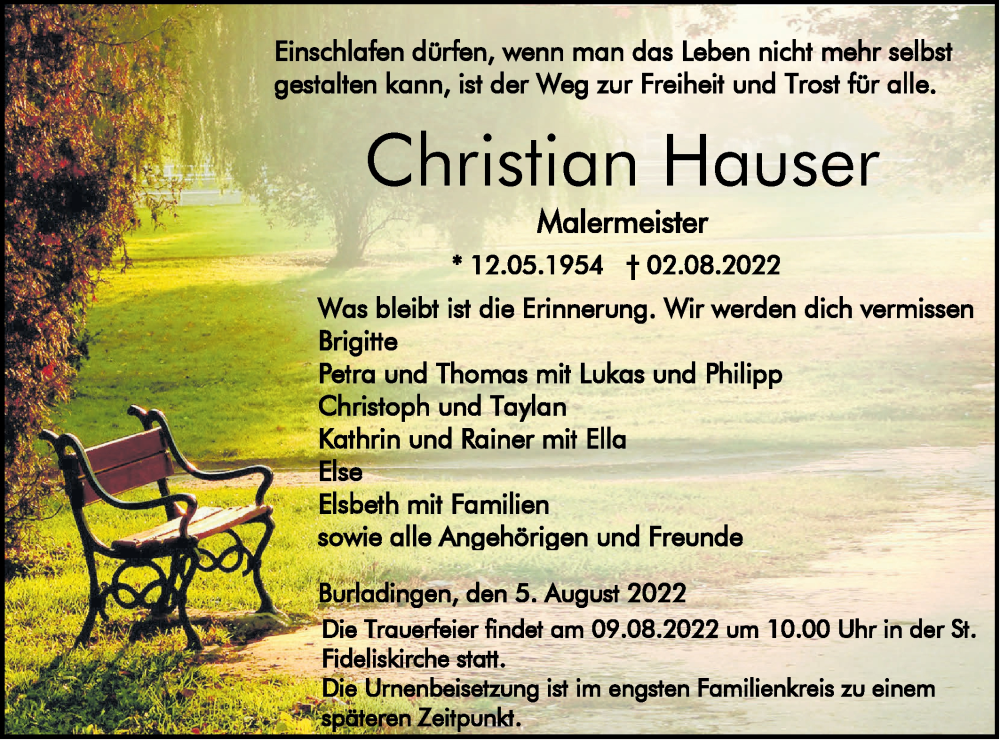  Traueranzeige für Christian Hauser vom 05.08.2022 aus Metzinger-Uracher Volksblatt
