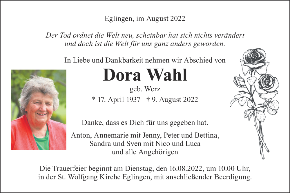  Traueranzeige für Dora Wahl vom 12.08.2022 aus Alb-Bote/Metzinger-Uracher Volksblatt