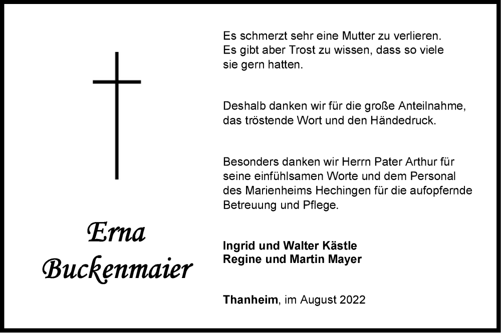  Traueranzeige für Erna Buckenmaier vom 13.08.2022 aus Metzinger-Uracher Volksblatt