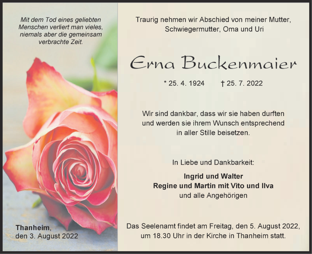  Traueranzeige für Erna Buckenmaier vom 03.08.2022 aus Metzinger-Uracher Volksblatt