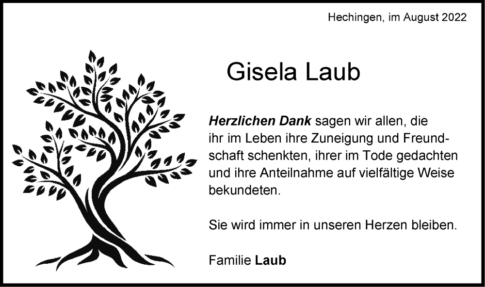  Traueranzeige für Gisela Laub vom 13.08.2022 aus Metzinger-Uracher Volksblatt