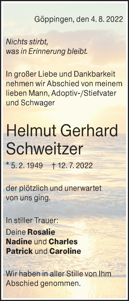  Traueranzeige für Helmut Gerhard Schweitzer vom 06.08.2022 aus NWZ Neue Württembergische Zeitung