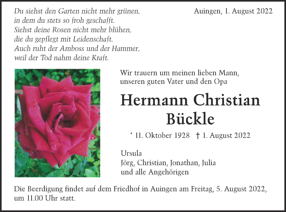  Traueranzeige für Hermann Christian Bückle vom 03.08.2022 aus Alb-Bote/Metzinger-Uracher Volksblatt