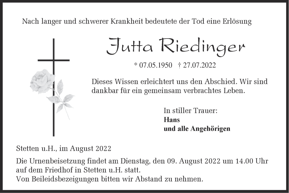  Traueranzeige für Jutta Riedinger vom 04.08.2022 aus Metzinger-Uracher Volksblatt