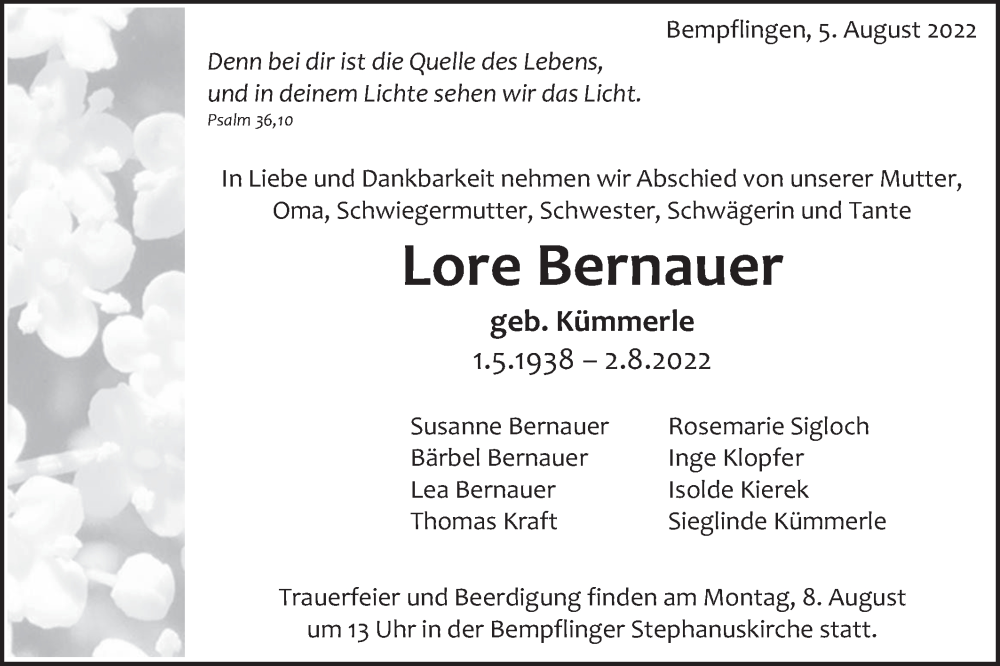  Traueranzeige für Lore Bernauer vom 05.08.2022 aus Metzinger-Uracher Volksblatt