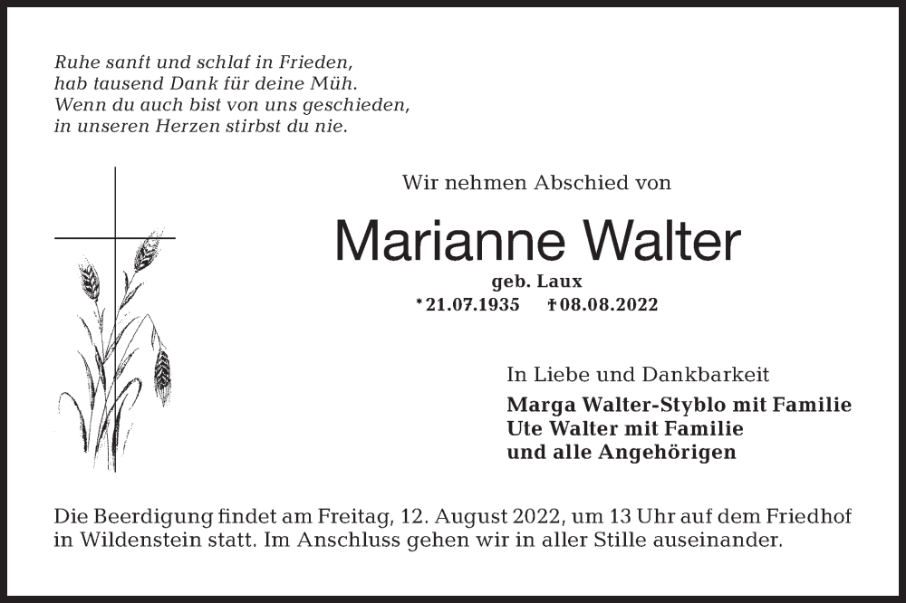  Traueranzeige für Marianne Walter vom 10.08.2022 aus Hohenloher Tagblatt