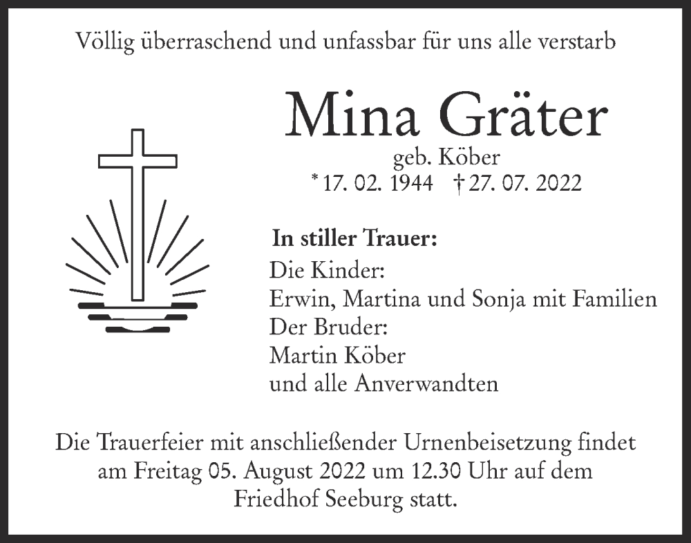  Traueranzeige für Mina Gräter vom 03.08.2022 aus Metzinger-Uracher Volksblatt