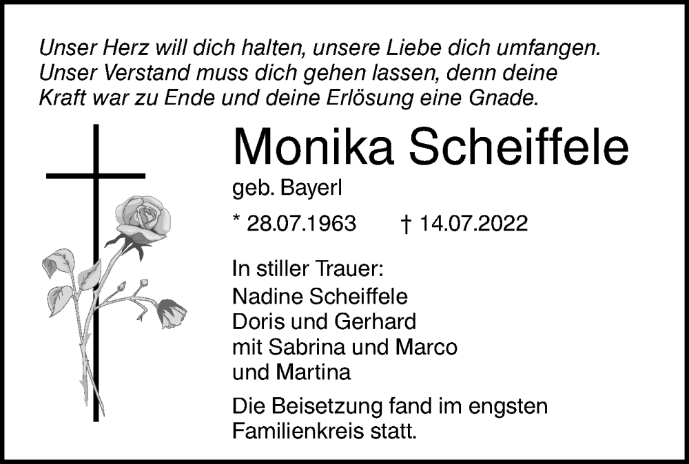  Traueranzeige für Monika Scheiffele vom 06.08.2022 aus SÜDWEST PRESSE Ausgabe Ulm/Neu-Ulm