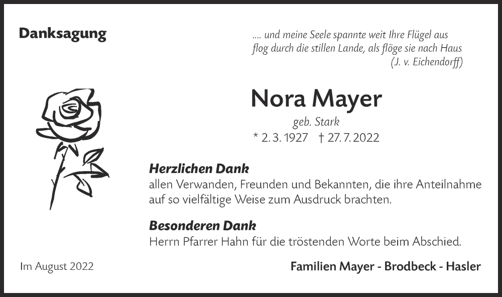  Traueranzeige für Nora Mayer vom 13.08.2022 aus Metzinger-Uracher Volksblatt