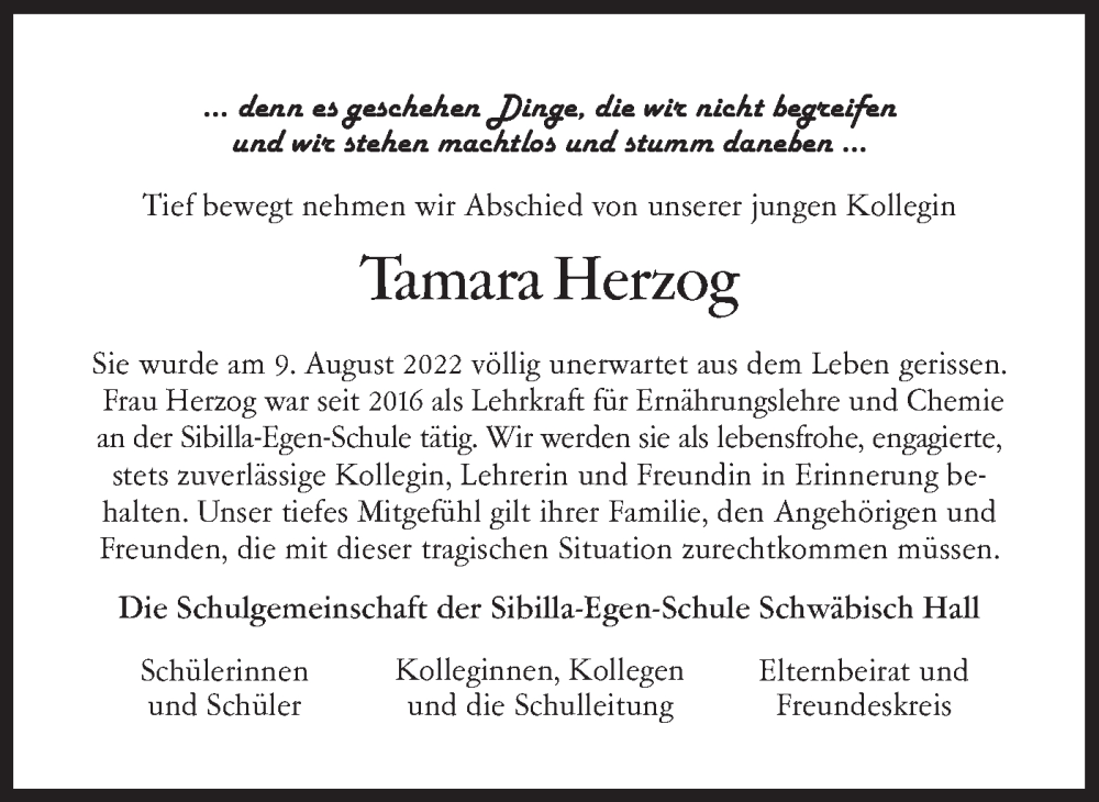  Traueranzeige für Tamara Herzog vom 16.08.2022 aus Haller Tagblatt