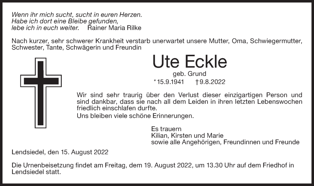  Traueranzeige für Ute Eckle vom 16.08.2022 aus Hohenloher Tagblatt