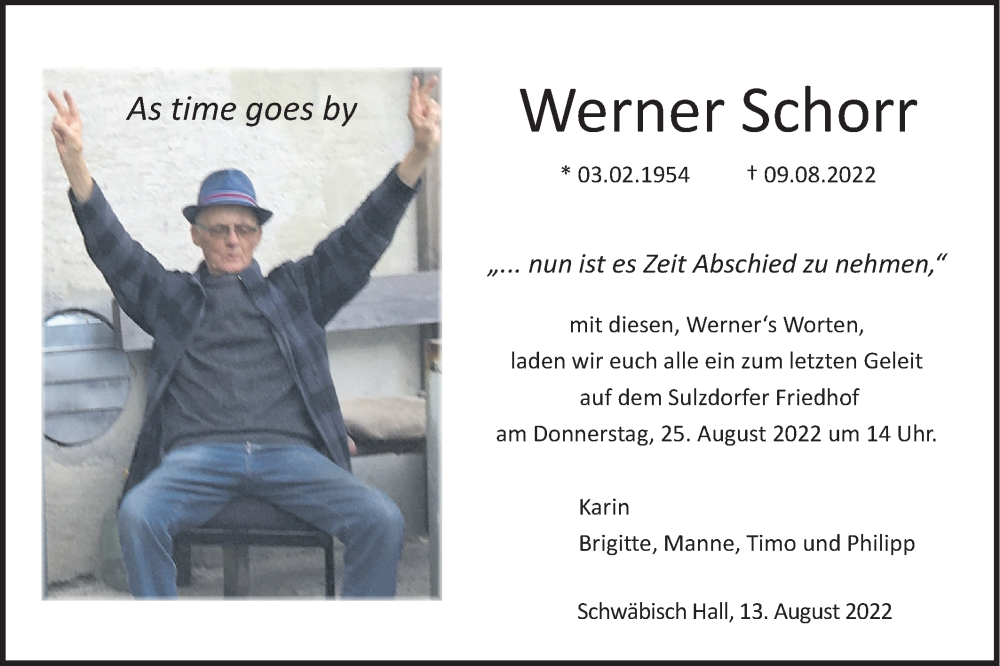  Traueranzeige für Werner Schorr vom 13.08.2022 aus Haller Tagblatt
