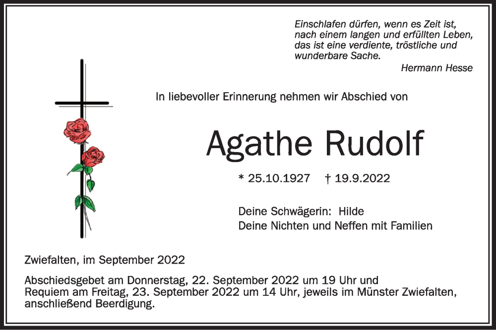  Traueranzeige für Agathe Rudolf vom 22.09.2022 aus Alb-Bote/Metzinger-Uracher Volksblatt