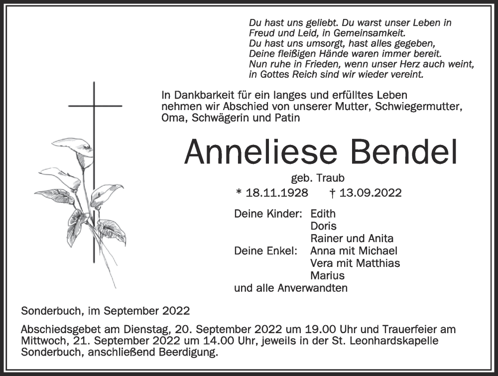  Traueranzeige für Anneliese Bendel vom 17.09.2022 aus Alb-Bote/Metzinger-Uracher Volksblatt