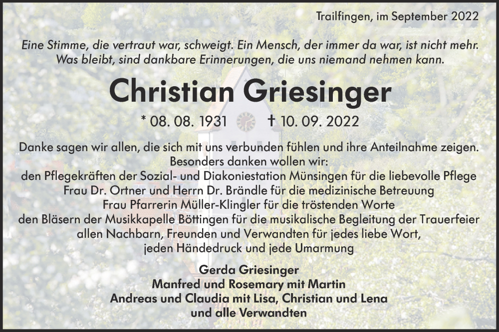  Traueranzeige für Christian Griesinger vom 24.09.2022 aus Alb-Bote/Metzinger-Uracher Volksblatt