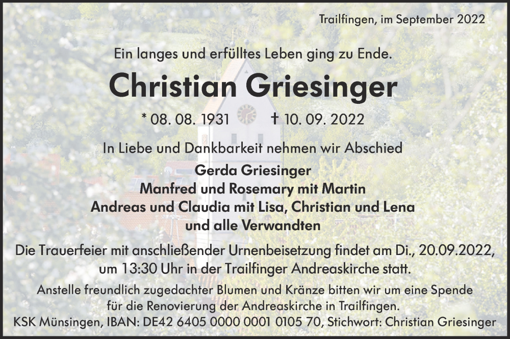  Traueranzeige für Christian Griesinger vom 14.09.2022 aus Alb-Bote/Metzinger-Uracher Volksblatt