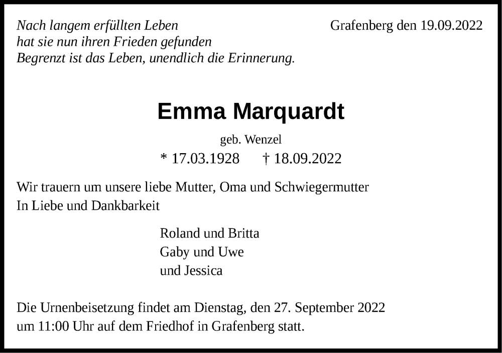  Traueranzeige für Emma Marquardt vom 22.09.2022 aus Metzinger-Uracher Volksblatt