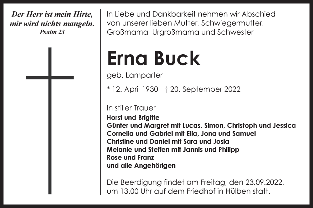 Traueranzeige für Erna Buck vom 22.09.2022 aus Alb-Bote/Metzinger-Uracher Volksblatt