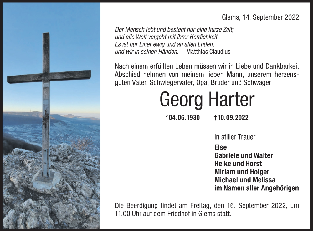  Traueranzeige für Georg Harter vom 14.09.2022 aus Metzinger-Uracher Volksblatt