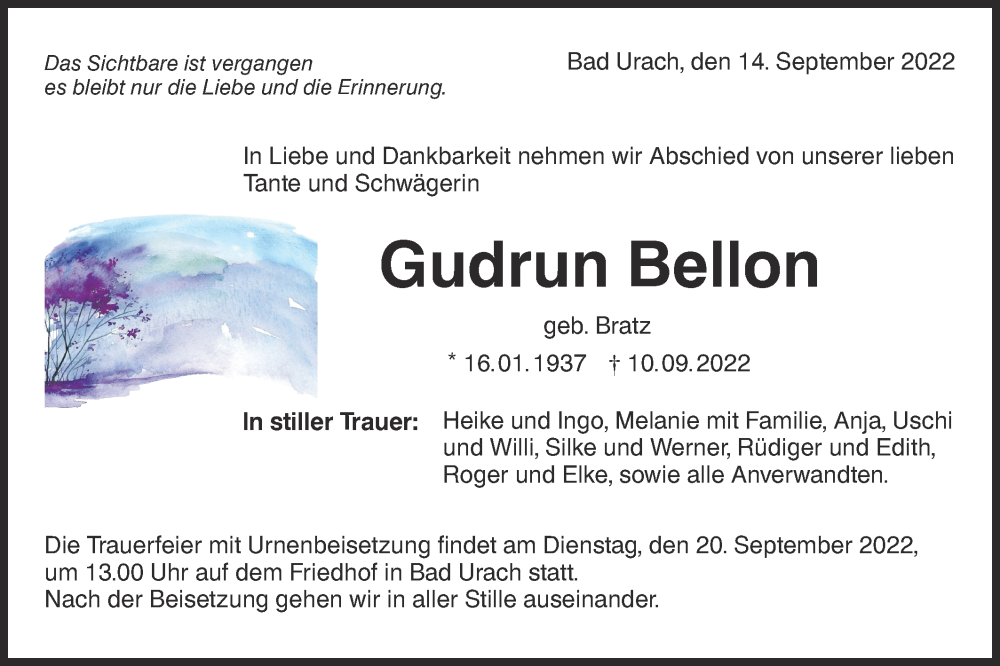  Traueranzeige für Gudrun Bellon vom 14.09.2022 aus Metzinger-Uracher Volksblatt