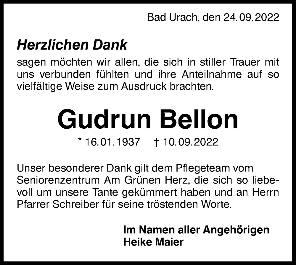  Traueranzeige für Gudrun Bellon vom 24.09.2022 aus Metzinger-Uracher Volksblatt