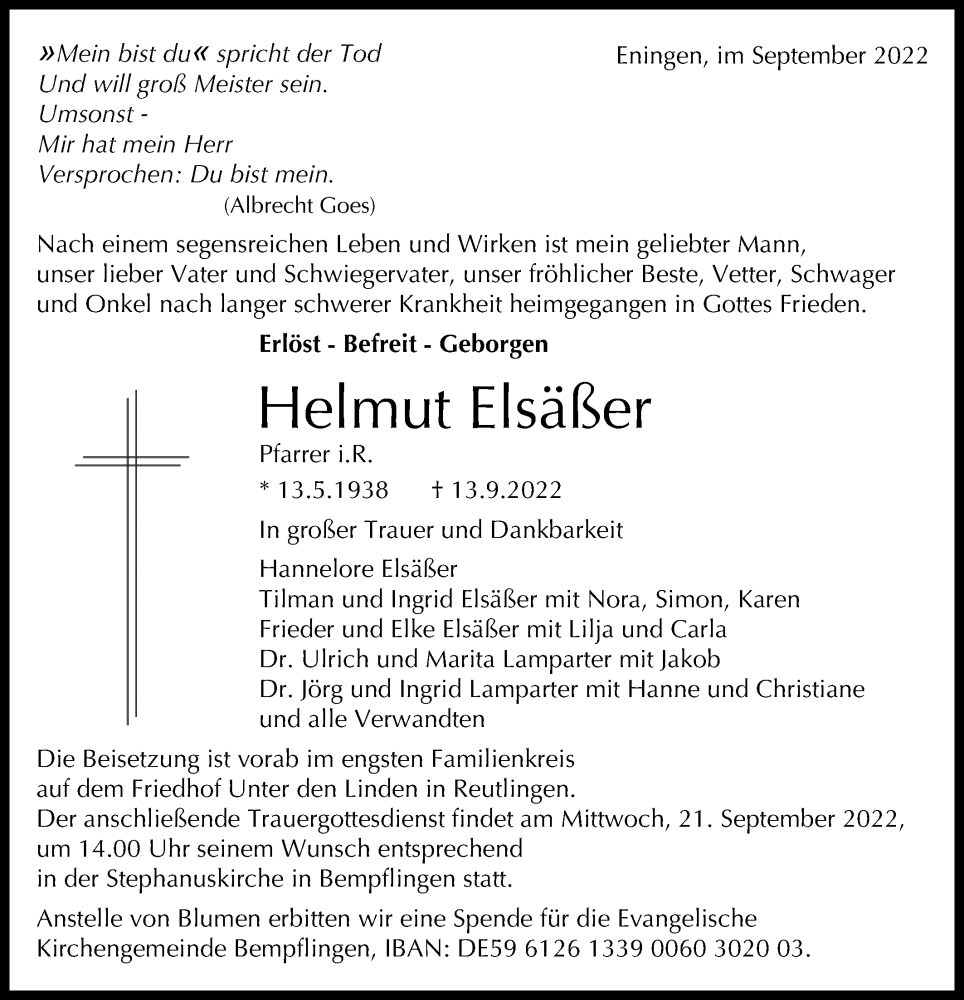 Traueranzeige für Helmut Elsäßer vom 17.09.2022 aus Alb-Bote/Metzinger-Uracher Volksblatt