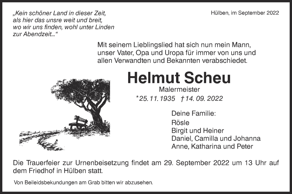  Traueranzeige für Helmut Scheu vom 21.09.2022 aus Metzinger-Uracher Volksblatt