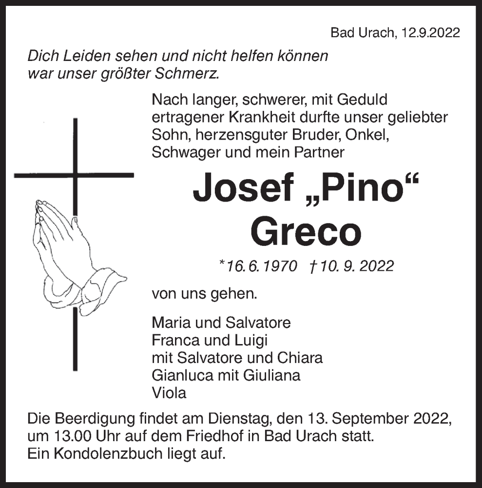  Traueranzeige für Josef Greco vom 13.09.2022 aus Metzinger-Uracher Volksblatt