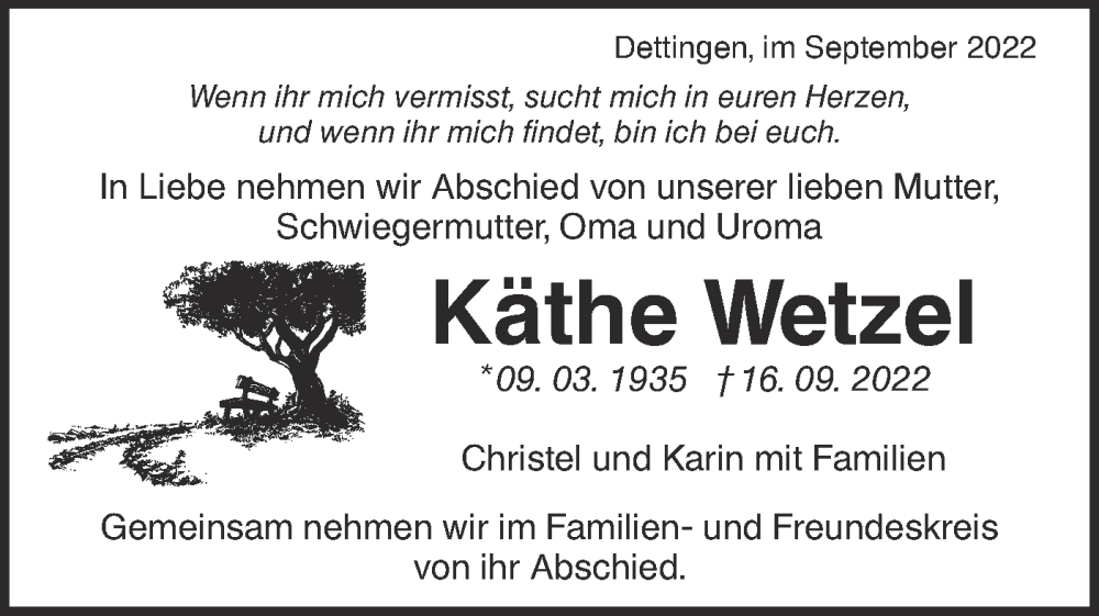  Traueranzeige für Käthe Wetzel vom 20.09.2022 aus Metzinger-Uracher Volksblatt