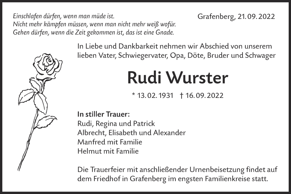  Traueranzeige für Rudi Wurster vom 21.09.2022 aus Metzinger-Uracher Volksblatt