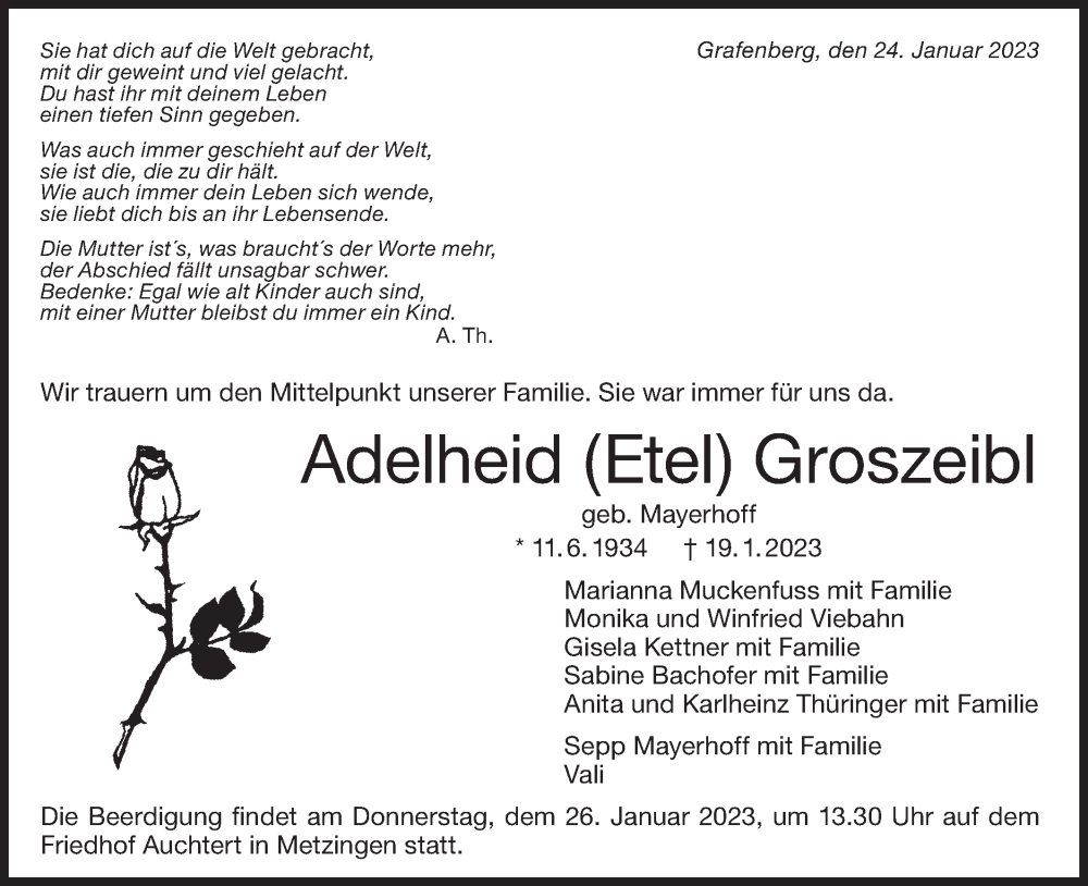  Traueranzeige für Adelheid Groszeibl vom 24.01.2023 aus Metzinger-Uracher Volksblatt