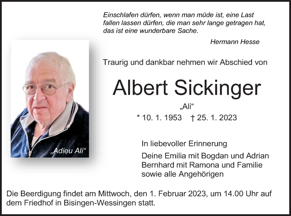  Traueranzeige für Albert Sickinger vom 28.01.2023 aus Metzinger-Uracher Volksblatt