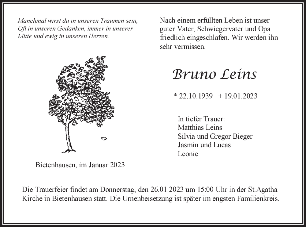  Traueranzeige für Bruno Leins vom 24.01.2023 aus Metzinger-Uracher Volksblatt