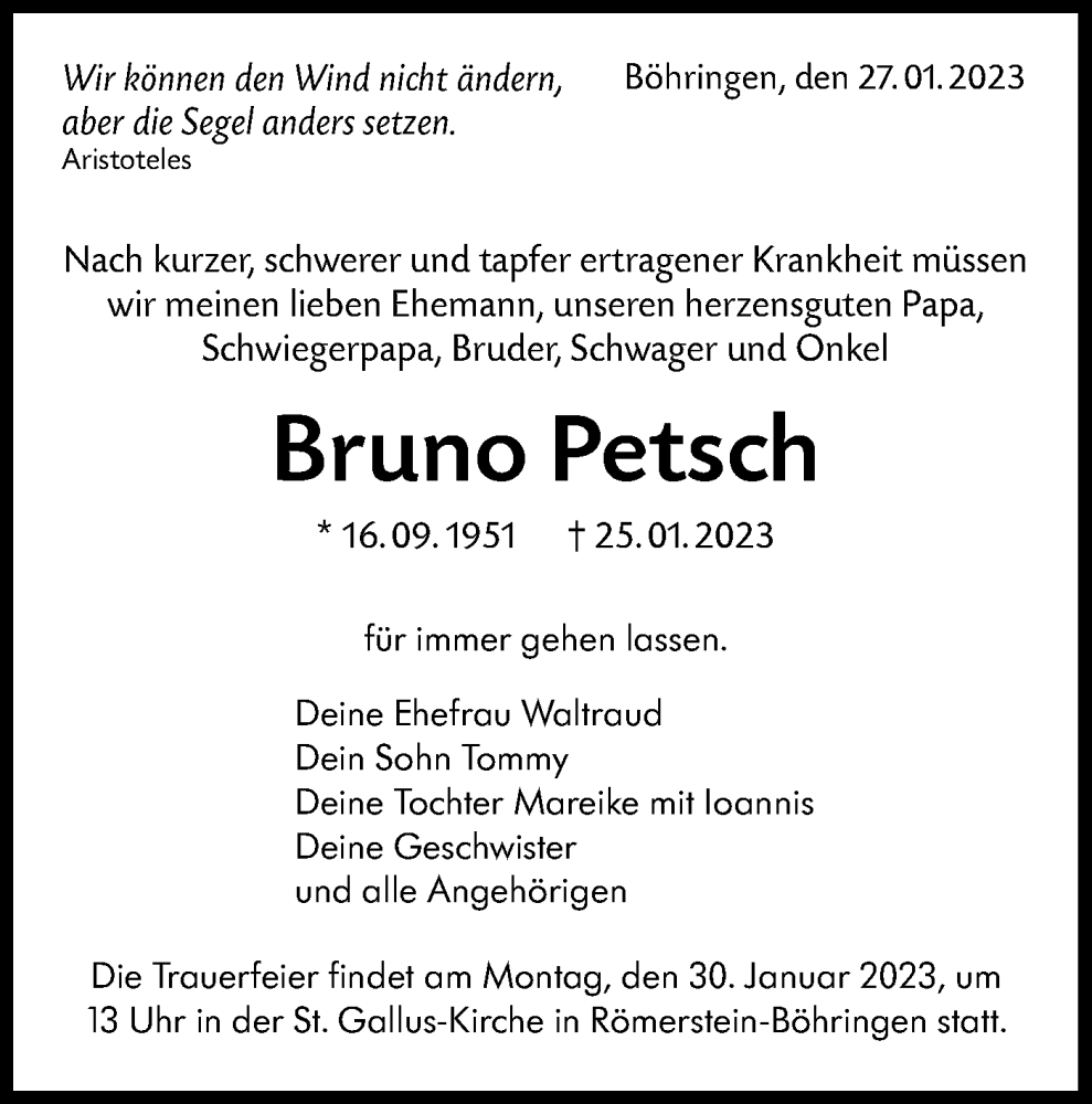  Traueranzeige für Bruno Petsch vom 27.01.2023 aus Alb-Bote/Metzinger-Uracher Volksblatt