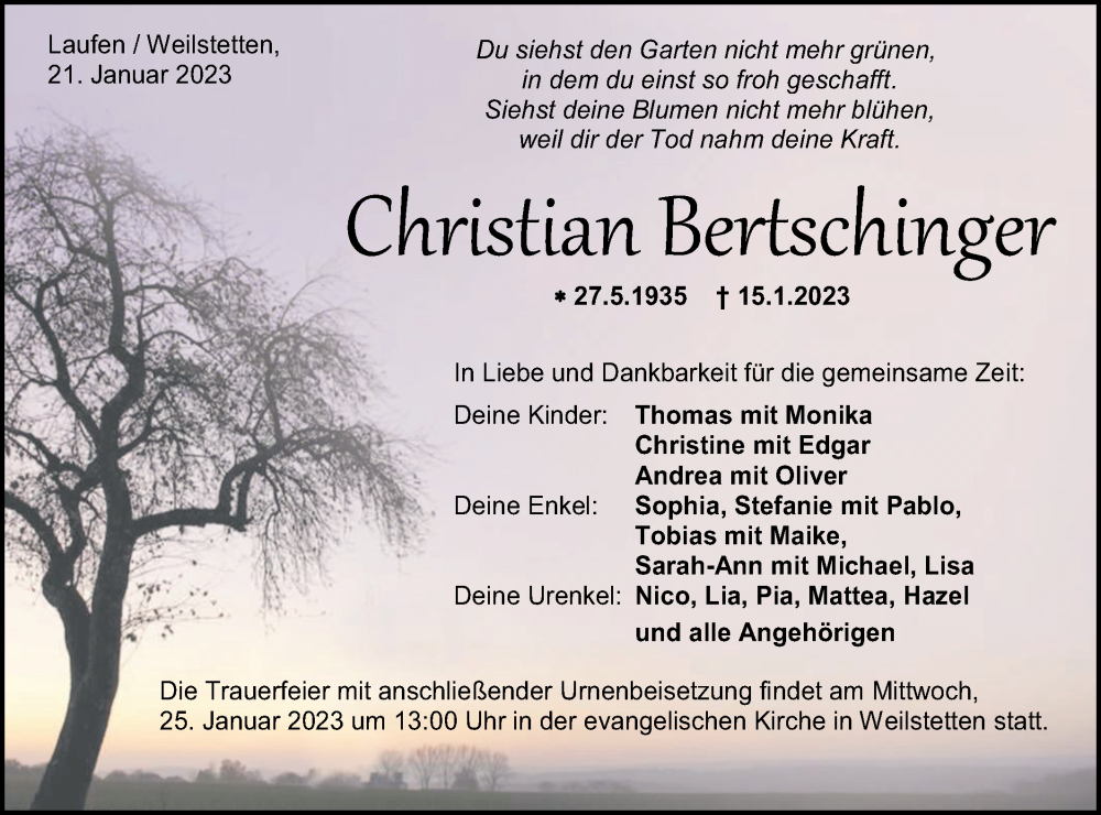  Traueranzeige für Christian Bertschinger vom 21.01.2023 aus Metzinger-Uracher Volksblatt