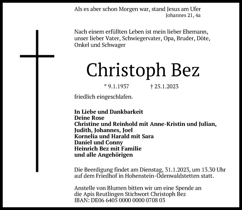  Traueranzeige für Christoph Bez vom 28.01.2023 aus Alb-Bote/Metzinger-Uracher Volksblatt
