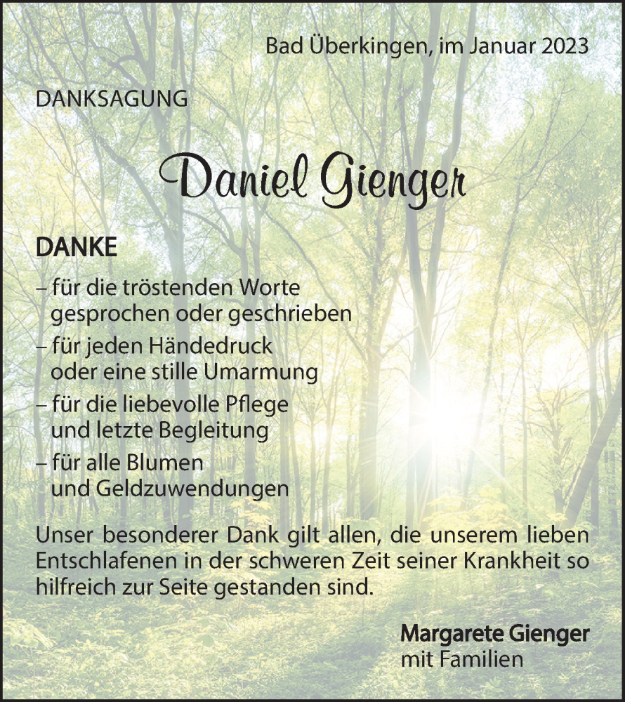  Traueranzeige für Daniel Gienger vom 25.01.2023 aus Geislinger Zeitung