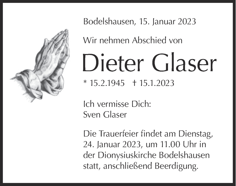  Traueranzeige für Dieter Glaser vom 21.01.2023 aus Metzinger-Uracher Volksblatt
