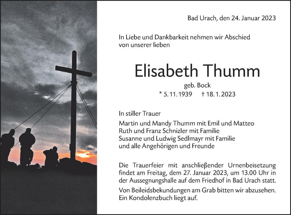  Traueranzeige für Elisabeth Thumm vom 24.01.2023 aus Metzinger-Uracher Volksblatt