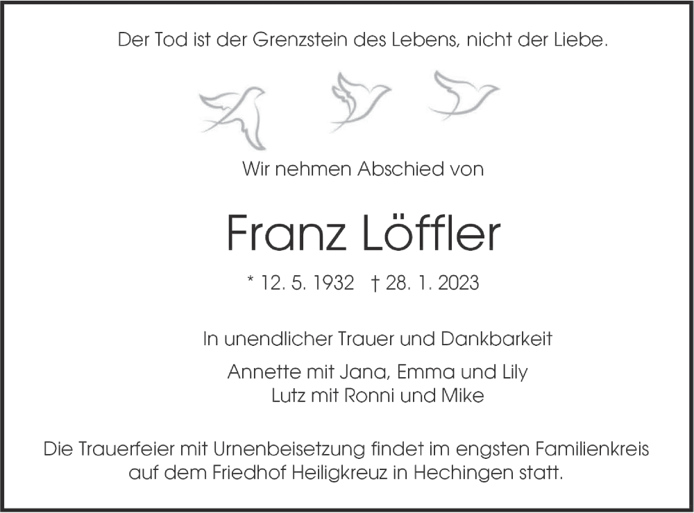  Traueranzeige für Franz Löffler vom 01.02.2023 aus Metzinger-Uracher Volksblatt