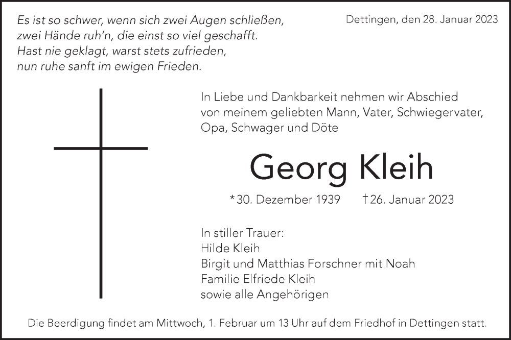  Traueranzeige für Georg Kleih vom 28.01.2023 aus Metzinger-Uracher Volksblatt