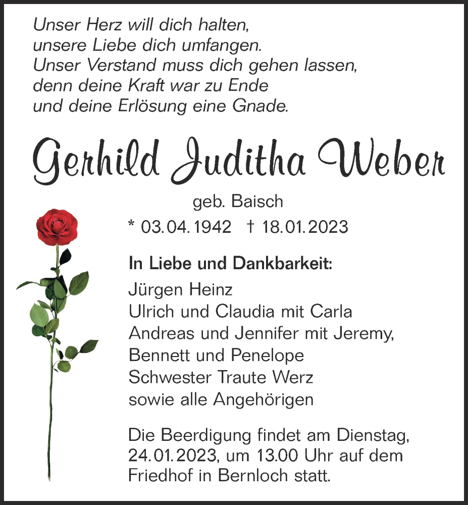  Traueranzeige für Gerhild Juditha Weber vom 21.01.2023 aus Alb-Bote/Metzinger-Uracher Volksblatt