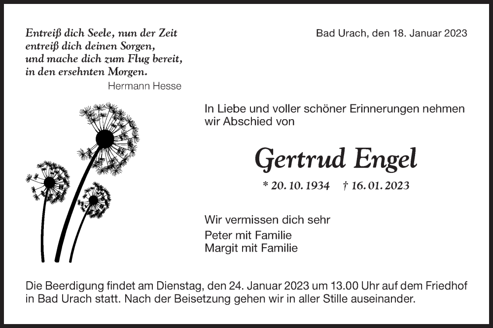 Traueranzeige für Gertrud Engel vom 18.01.2023 aus Metzinger-Uracher Volksblatt