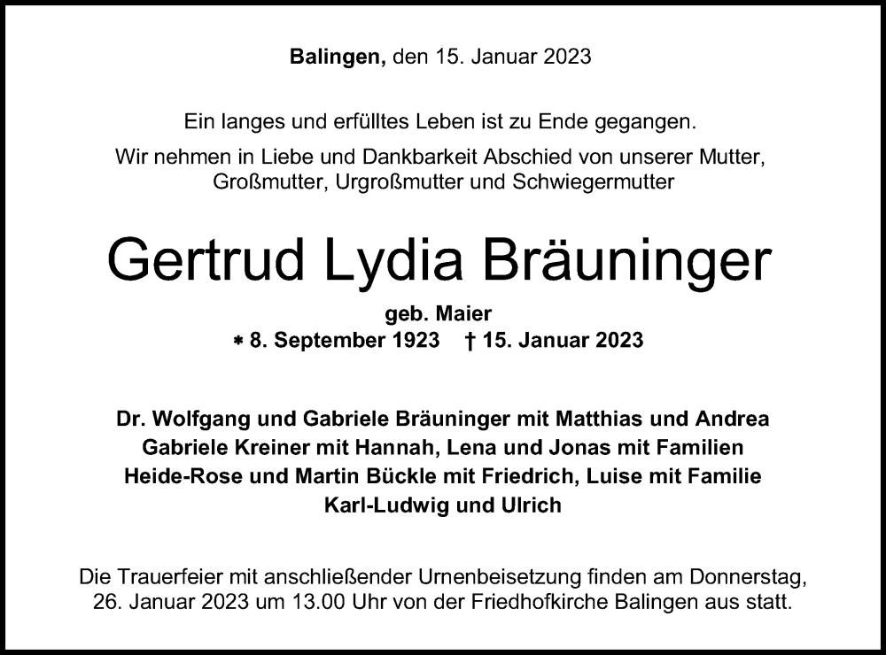  Traueranzeige für Gertrud Lydia Bräuninger vom 21.01.2023 aus Metzinger-Uracher Volksblatt