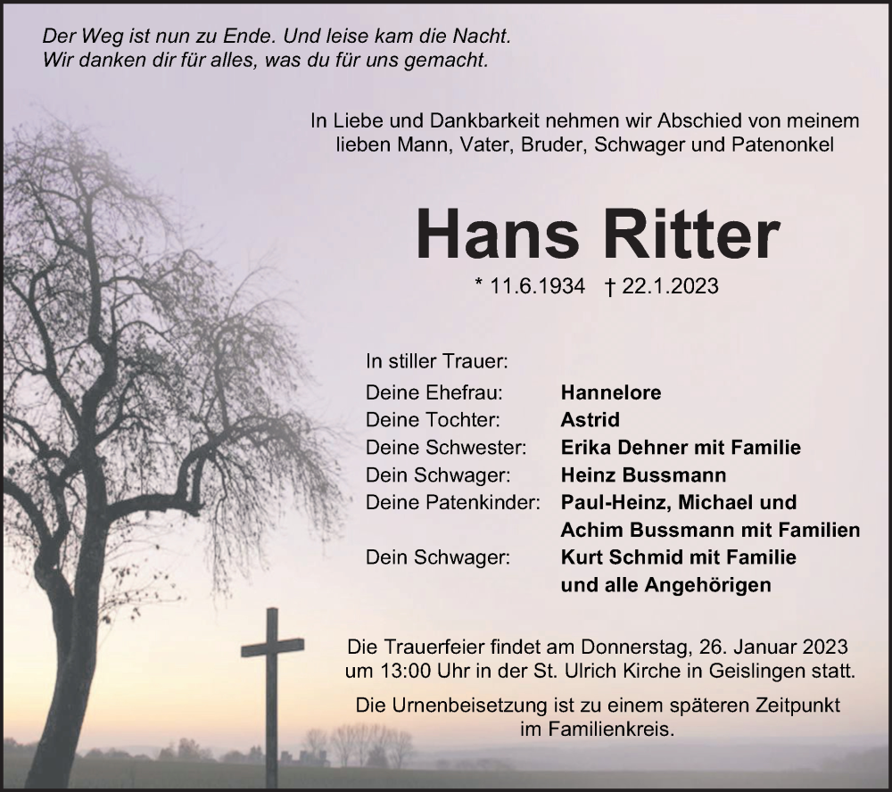  Traueranzeige für Hans Ritter vom 25.01.2023 aus Metzinger-Uracher Volksblatt