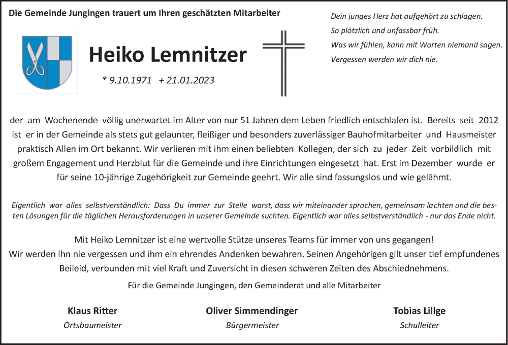  Traueranzeige für Heiko Lemnitzer vom 24.01.2023 aus Metzinger-Uracher Volksblatt